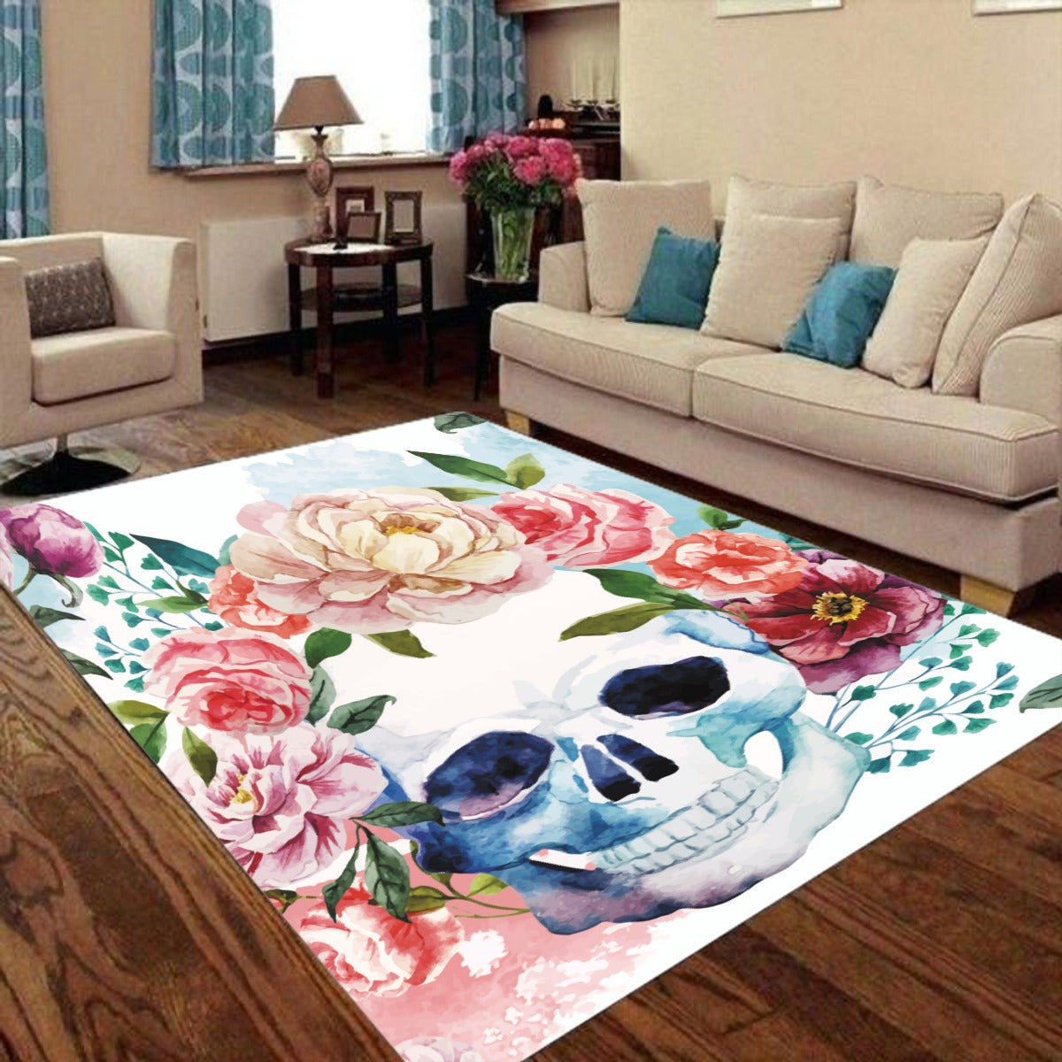 Floral sugar skull Foldable Rectangular Floor Mat, Gothic rose skull carpet rug mat
