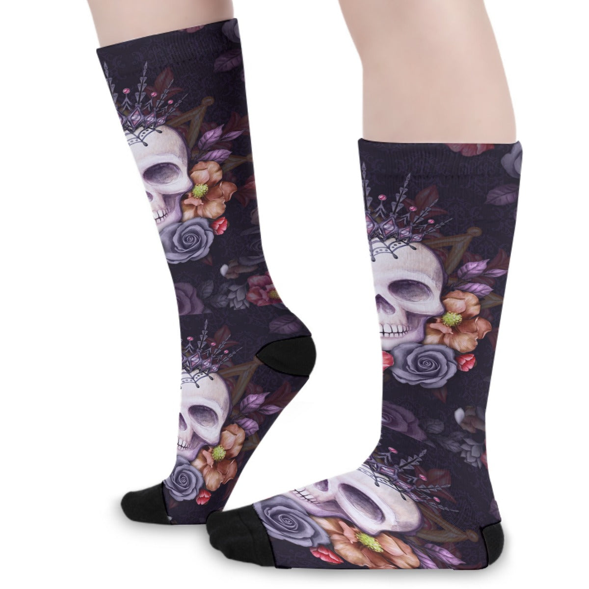 Floral skull Unisex Long Socks, rose skeleton halloween skull socks