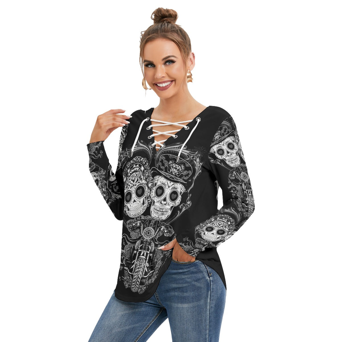 Sugar skull couple Women's Long Sleeve Neckline Tie Sweatshirt