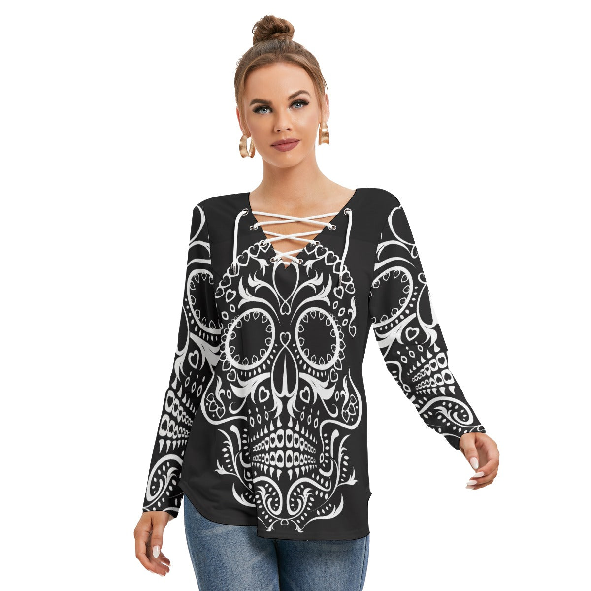 Day of the dead skull Women's Long Sleeve Neckline Tie Sweatshirt