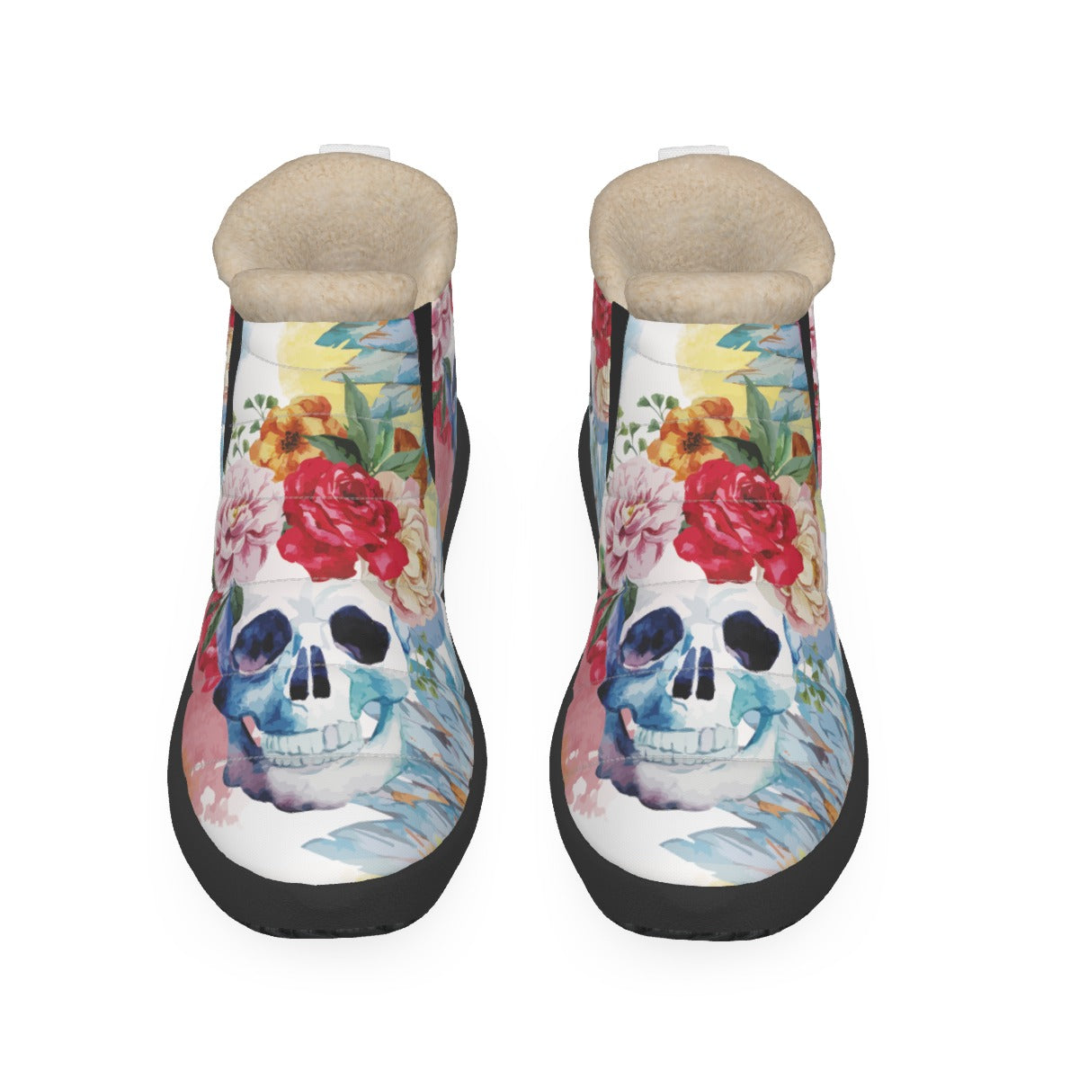 Floral skull Women's Plush Boots, Rose skull boots, skull shoes boots