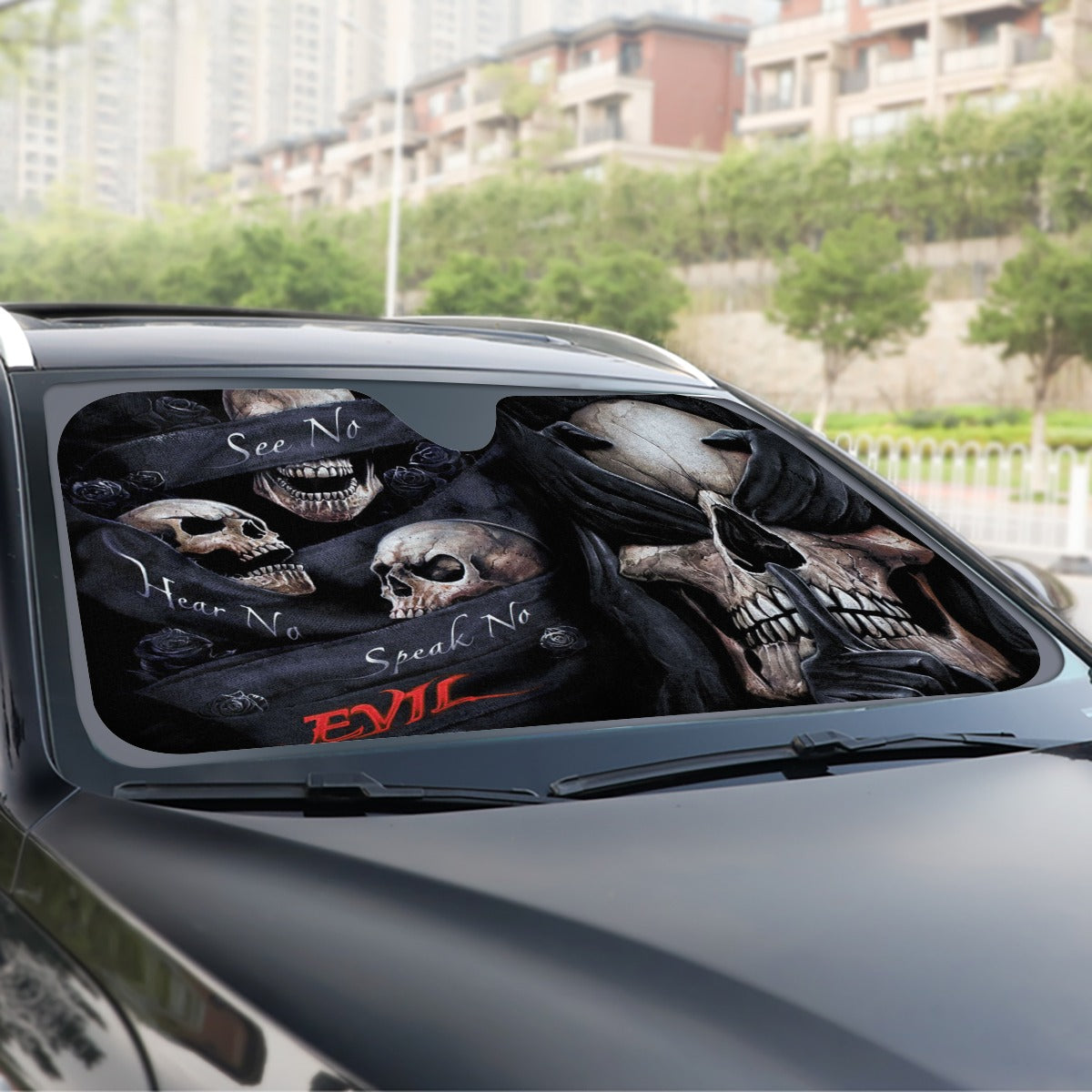 No see no hear no speak evils Windshield Sunshade, gothic skull car sunshade, halloween sunshade