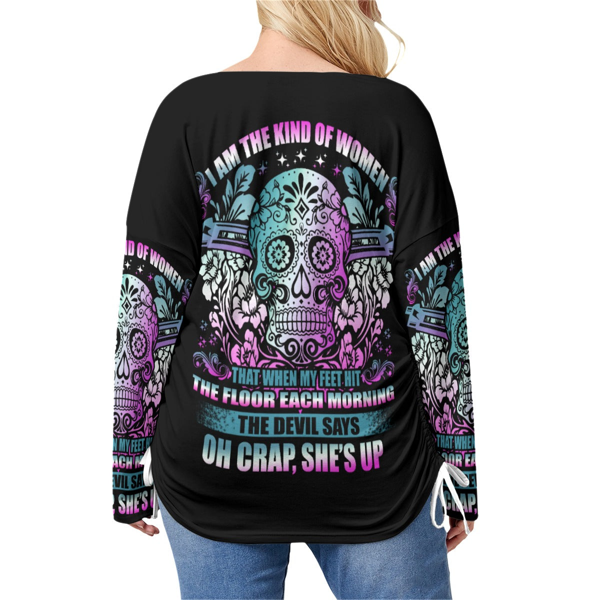 All-Over Print Women’s V-neck T-shirt With Side Drawstring(Plus Size)