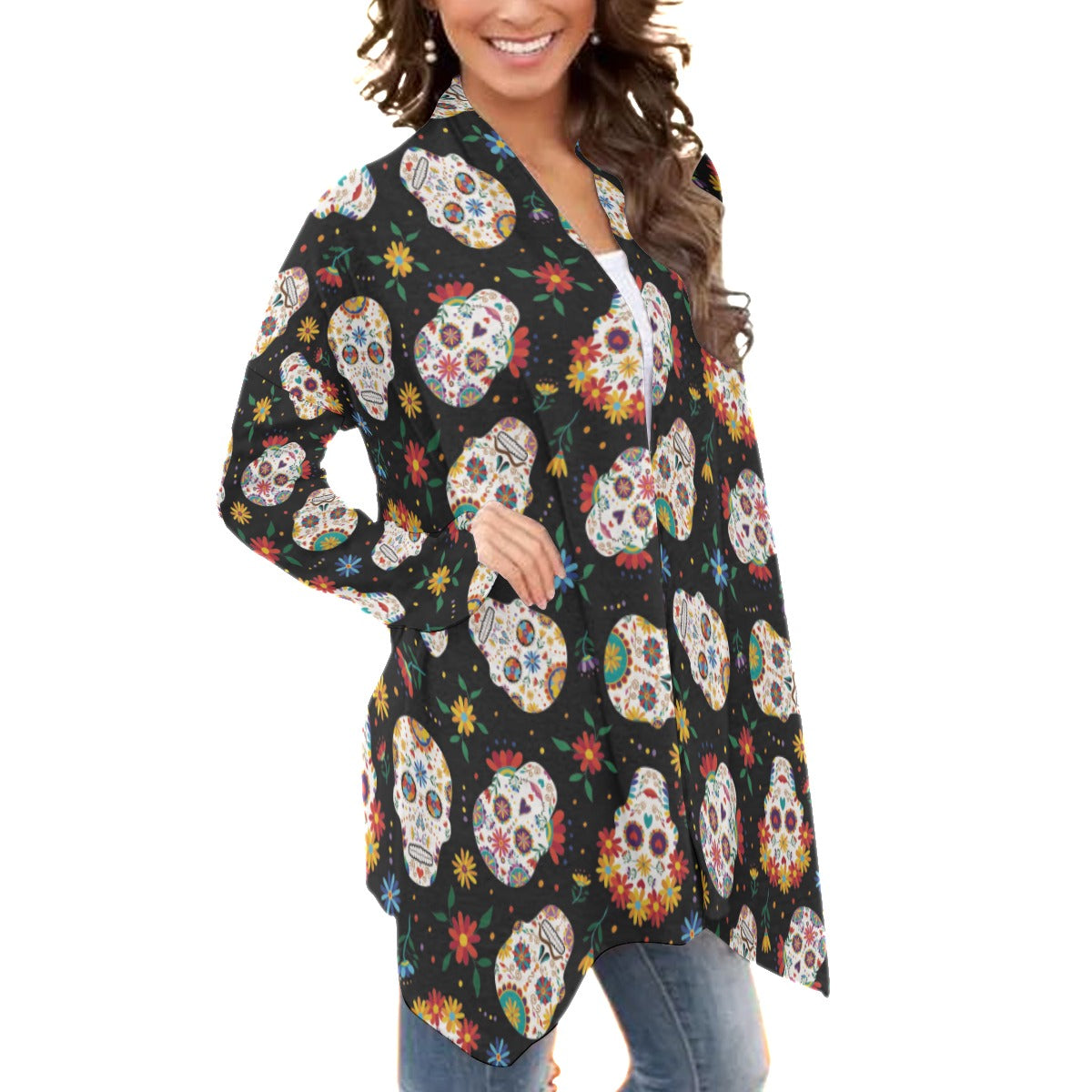 Halloween sugar skull Women's Cardigan With Long Sleeve