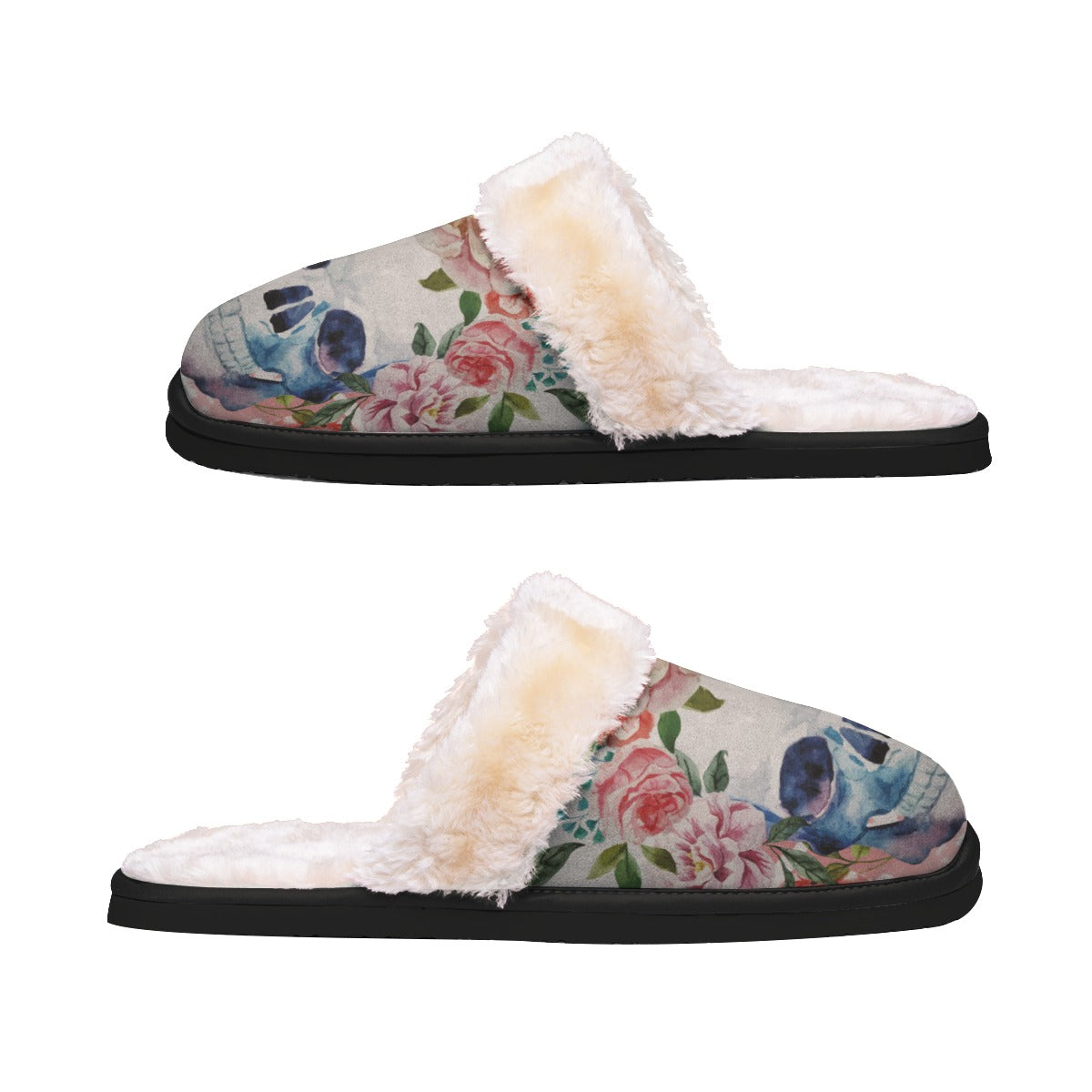 Floral sugar skull Women's Home Plush Slippers