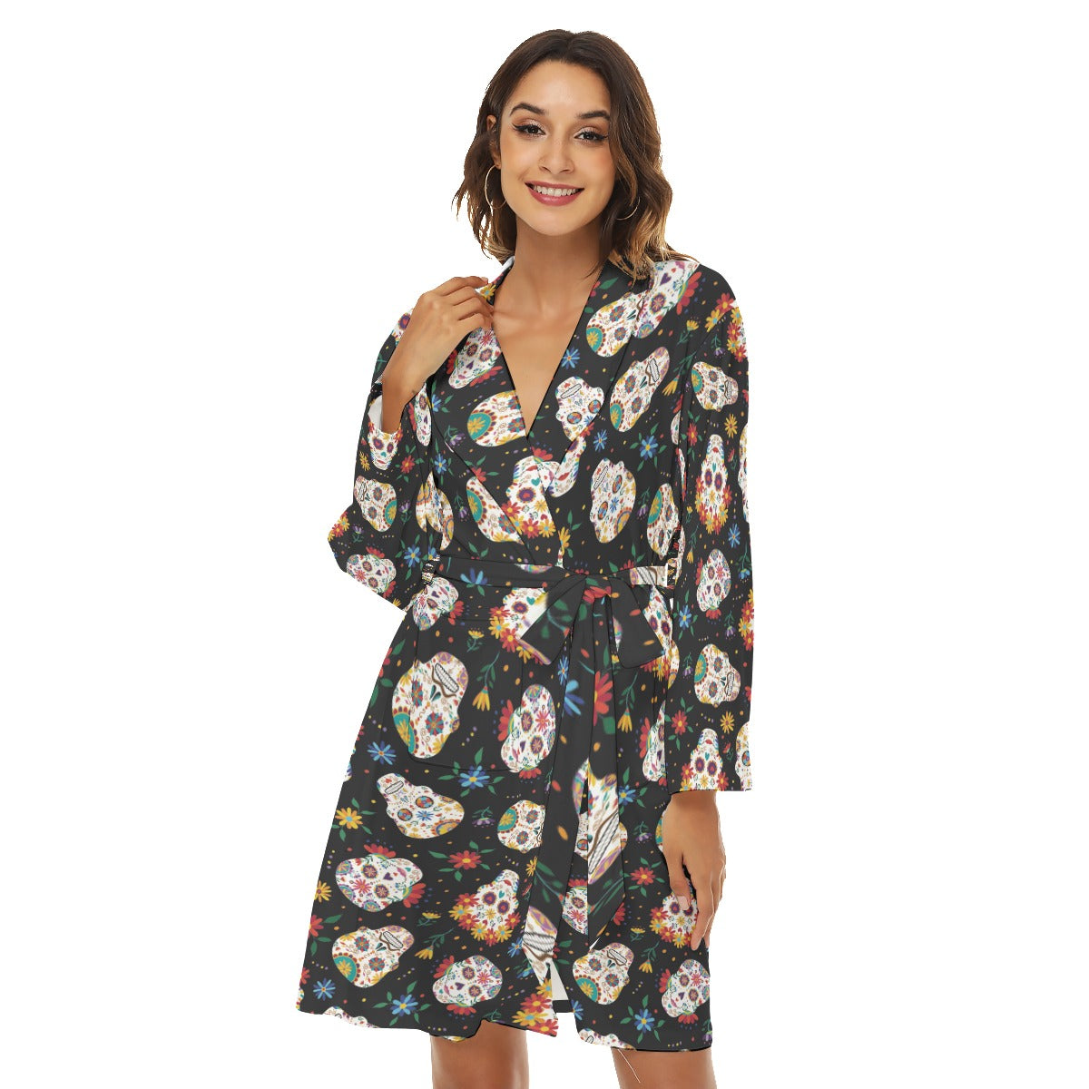 Floral sugar skull day of the dead Women's Robe