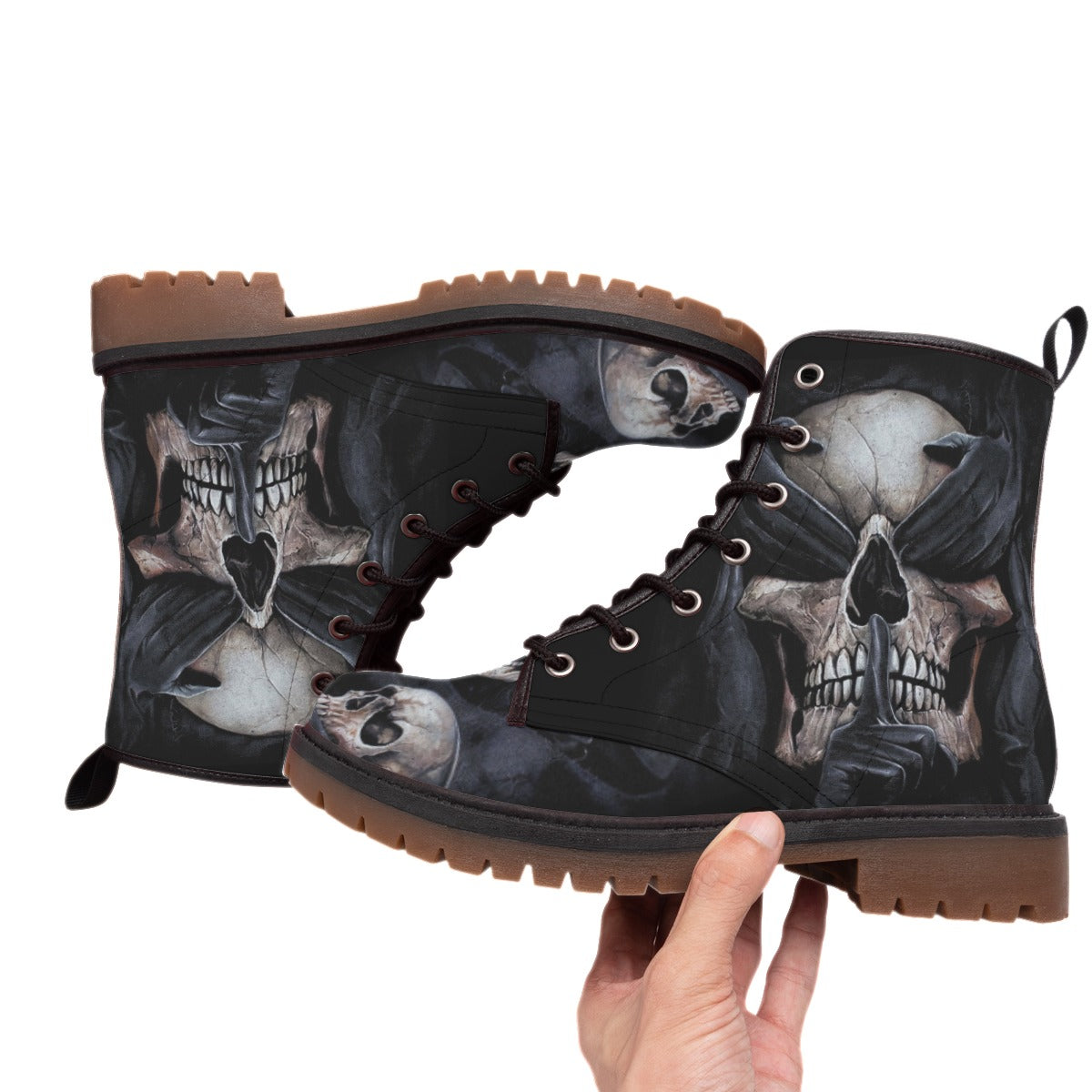 No see no hear no speak evils skull skeleton Women's Martin Short Boots