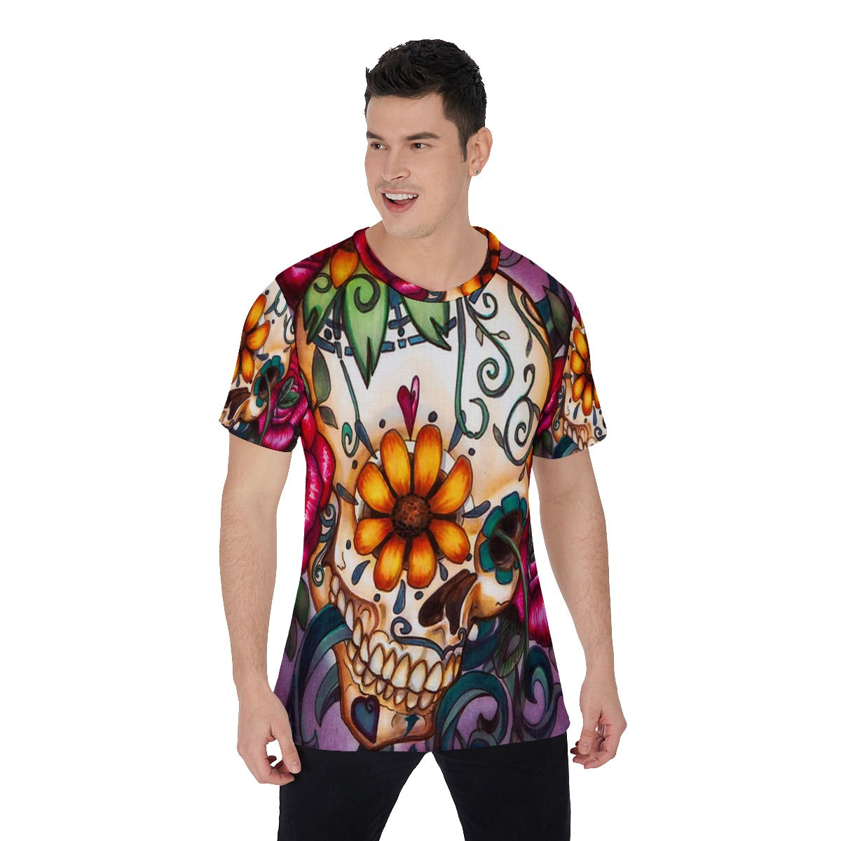 Day of the dead Men's O-Neck T-Shirt, Sugar skull floral tshirt, Gothic Halloween costume