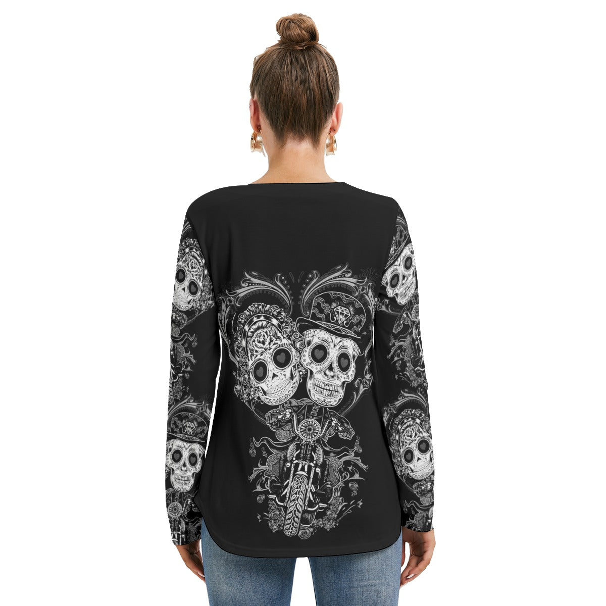 Sugar skull couple Women's Long Sleeve Neckline Tie Sweatshirt