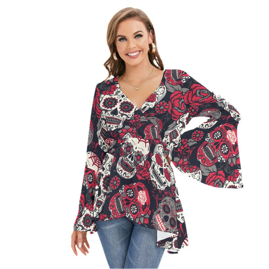 Sugar skull Day of the dead Women's V-neck Blouse With Flared Sleeves