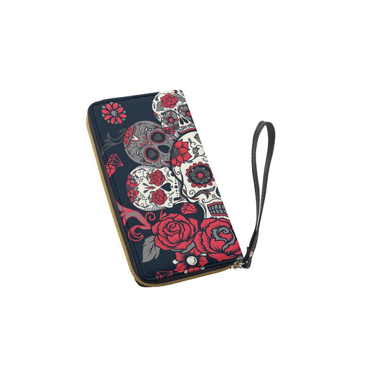 Day of the dead Long Wallet With Black Hand Strap, Sugar skull wallet clutch bag purse