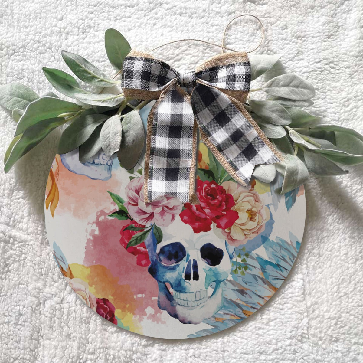 Floral skull Round doorplate with bow decoration, skull decoration, halloween decoration