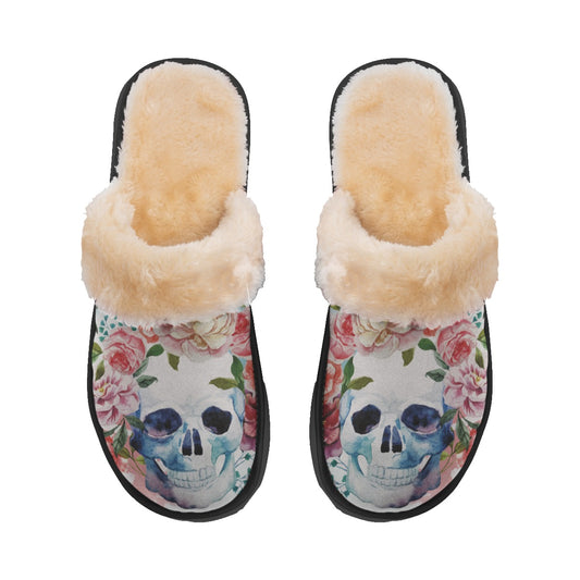 Floral sugar skull Women's Home Plush Slippers