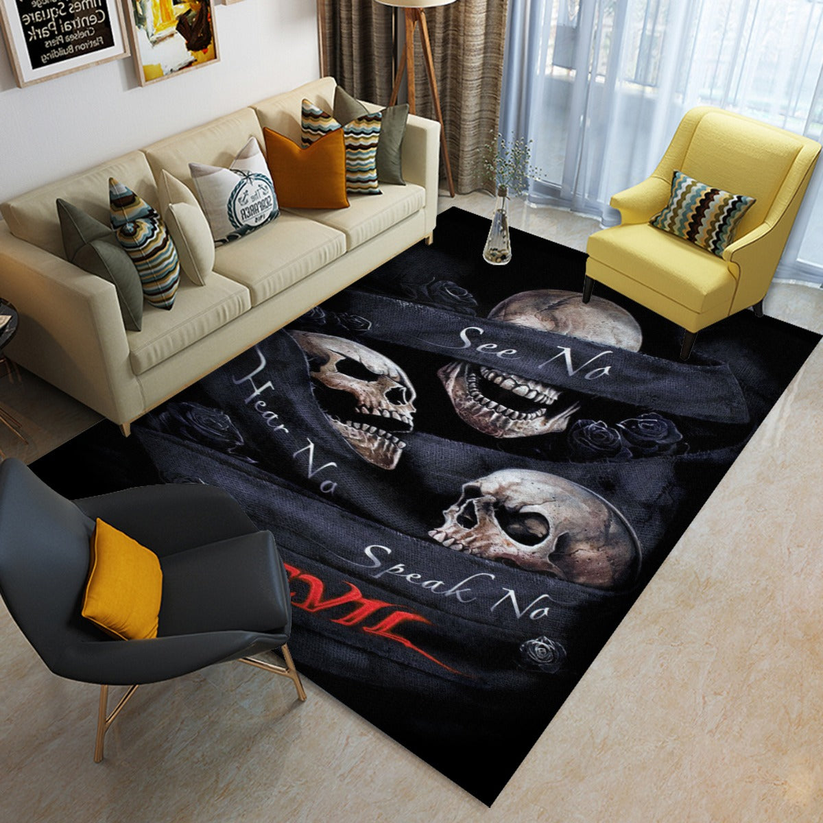 No see no hear no speak evils skull Rectangular Floor Mat