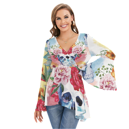 Floral sugar skull Women's V-neck Blouse With Flared Sleeves