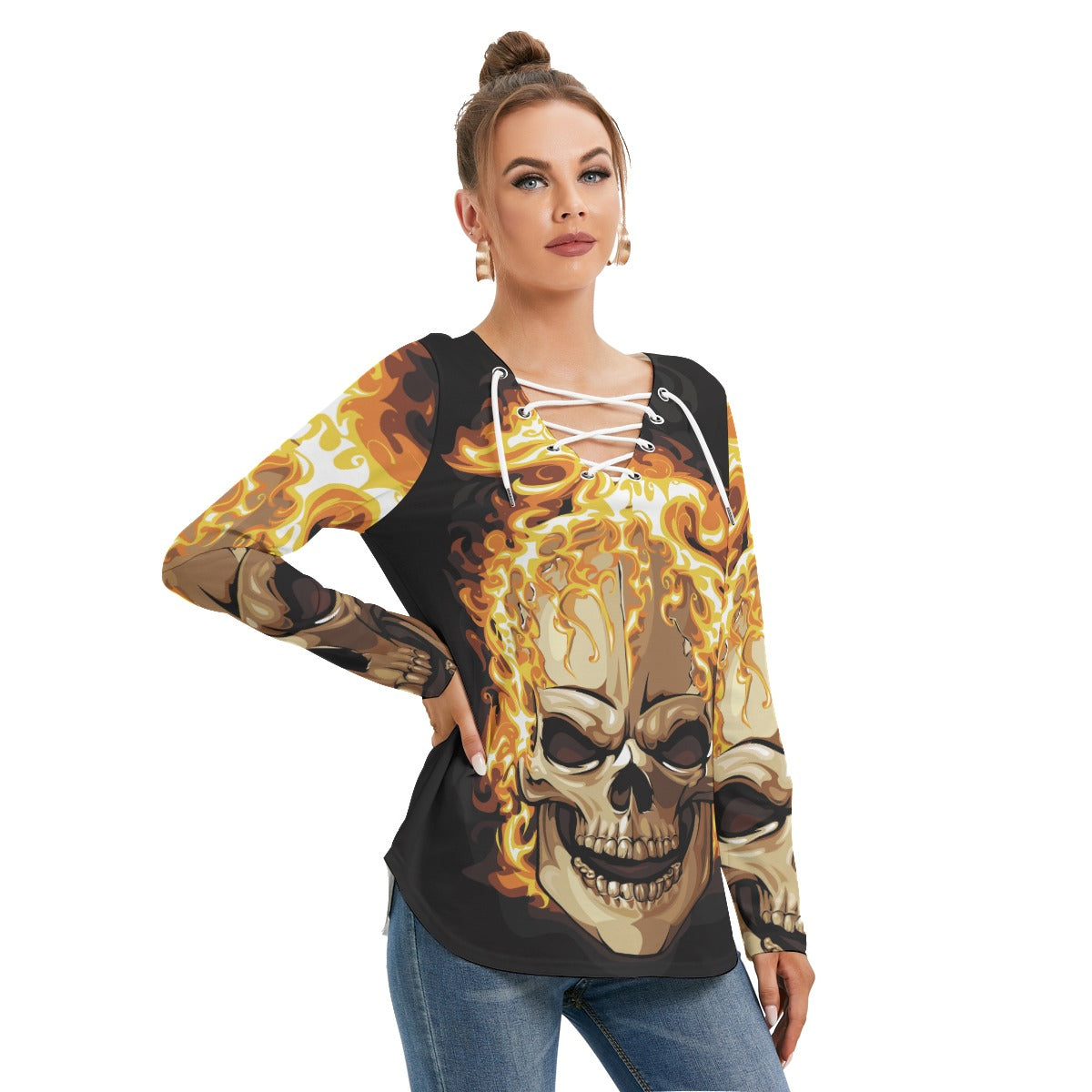 Flaming gothic skull Women's Long Sleeve Neckline Tie Sweatshirt