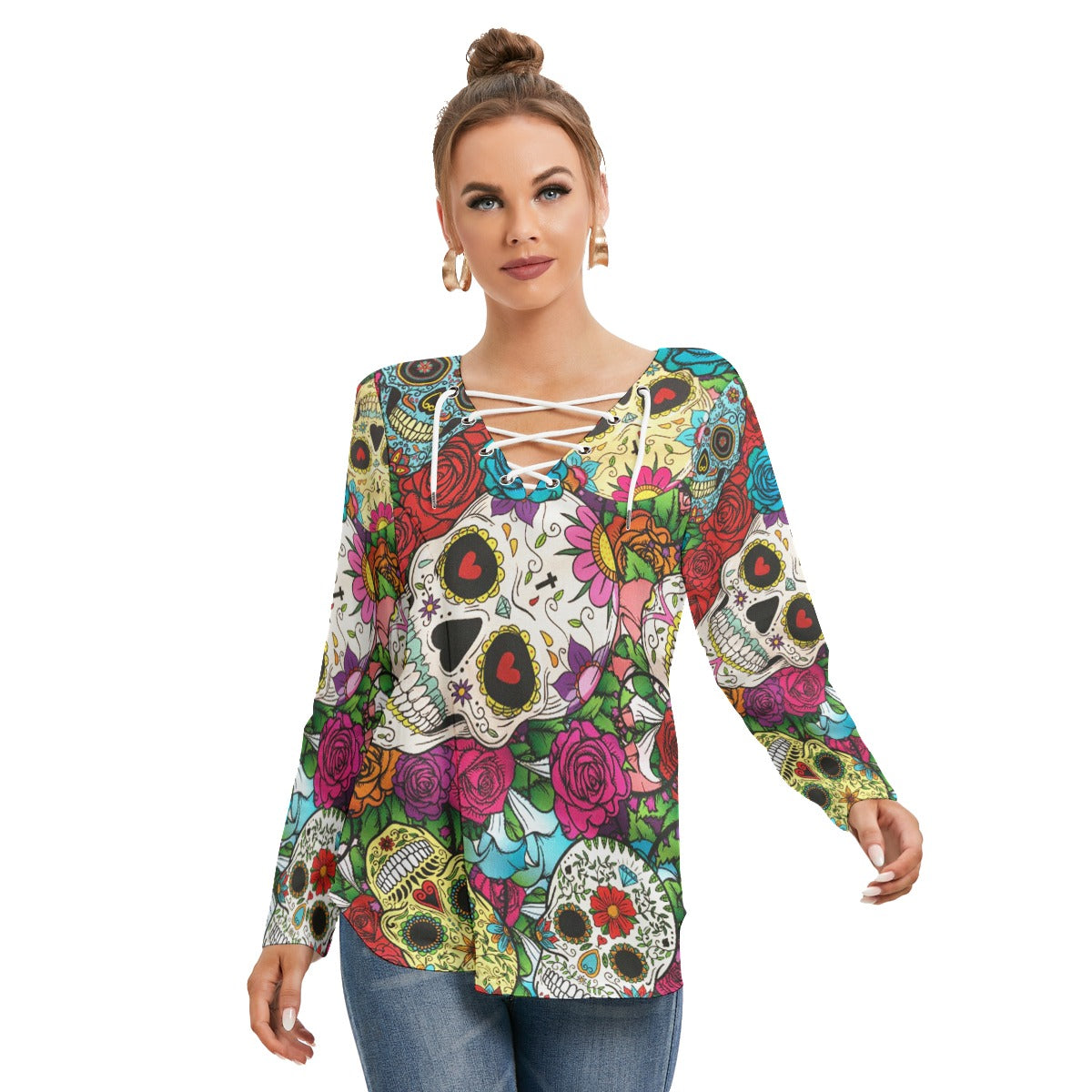 Sugar skull Women's Long Sleeve Neckline Tie Sweatshirt