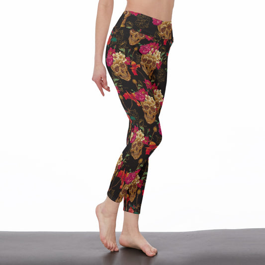 Sugar skull floral Women's Casual Leggings, Day of the dead yoga pants