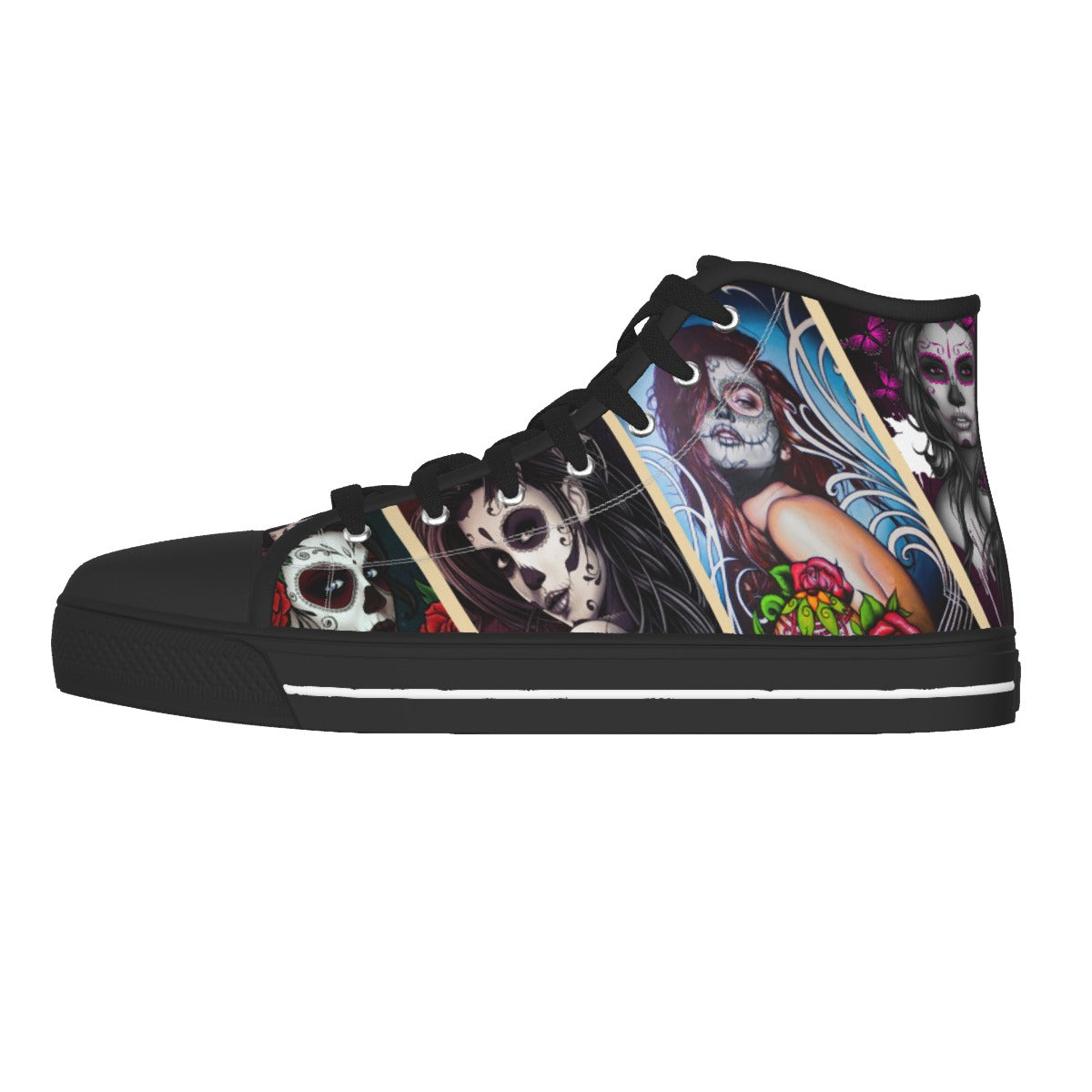 Sugar skull beautiful gilrs Women's Black Sole Canvas Shoes