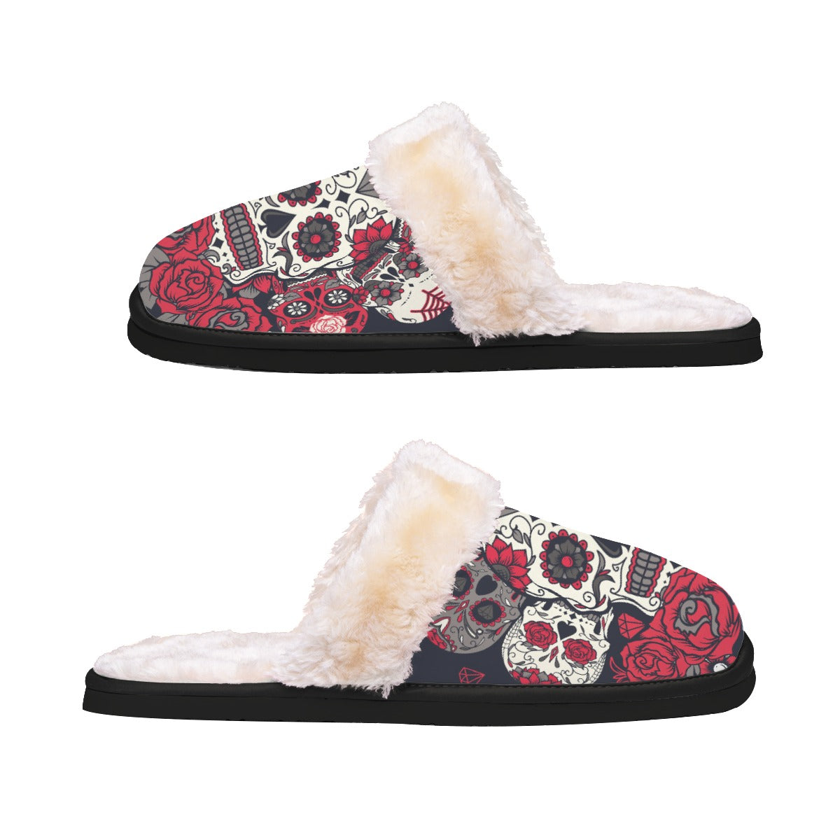 Floral sugar skull pattern Women's Home Plush Slippers