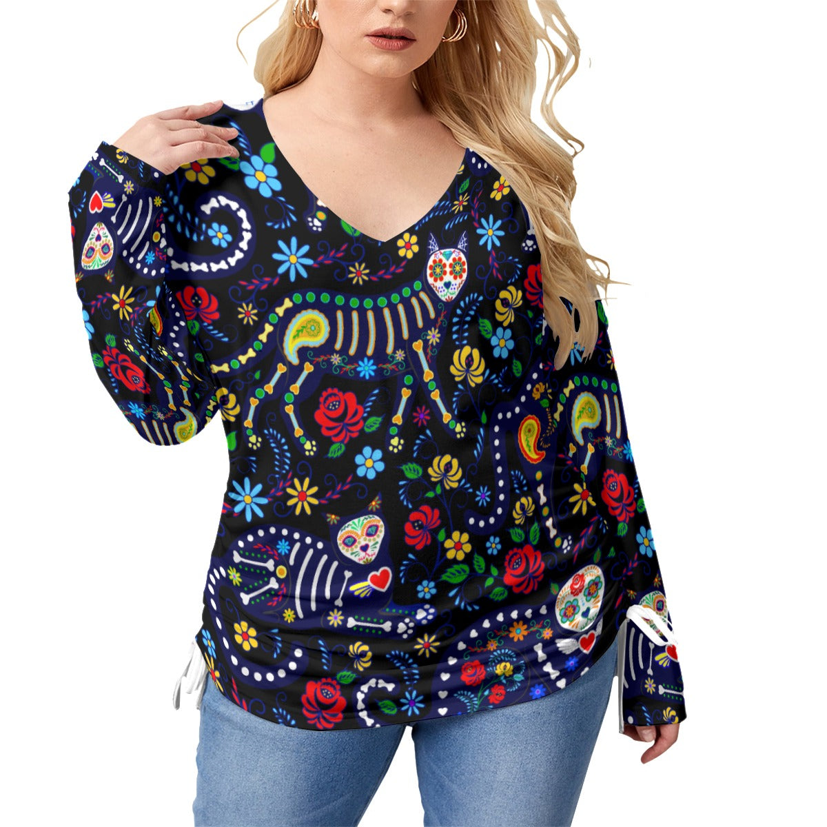 Sugar skull cat Women’s V-neck T-shirt With Side Drawstring(Plus Size)