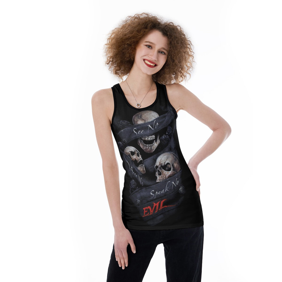 Evils no see no hear no speak skull Women's Back Hollow Tank Top