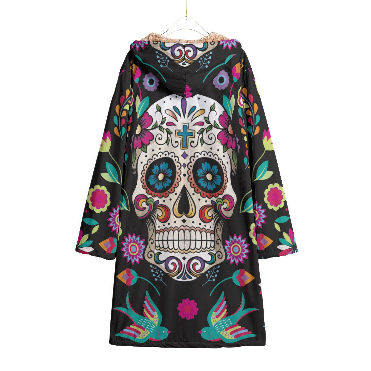 Day of the dead gothic skull cloak Horn Button Long Fleece Windbreaker