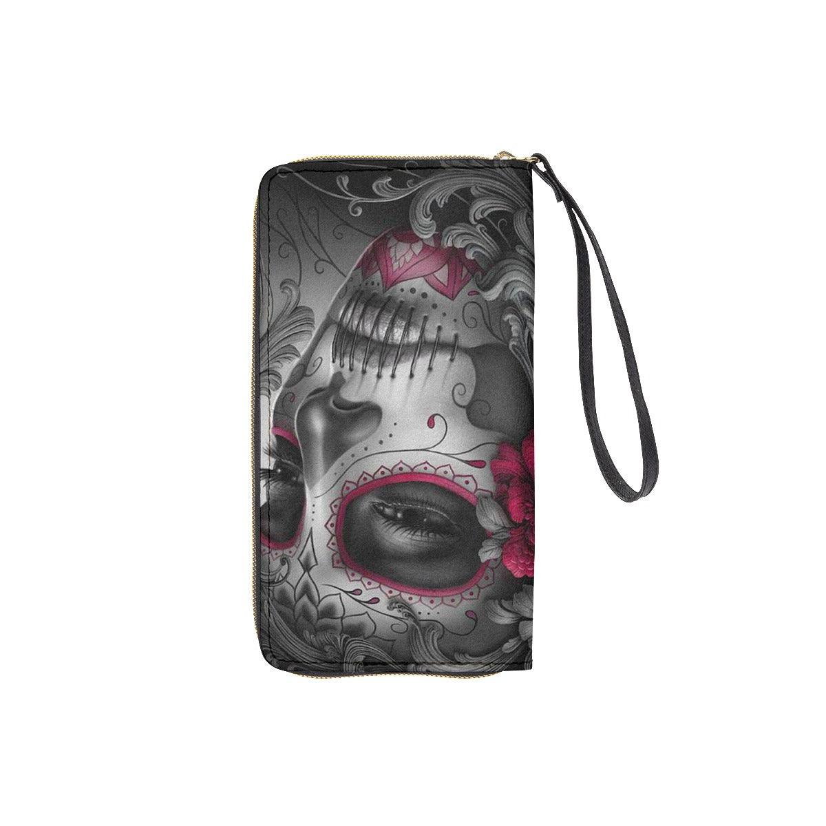 Sugar skull Long Wallet With Black Hand Strap - Custom Name