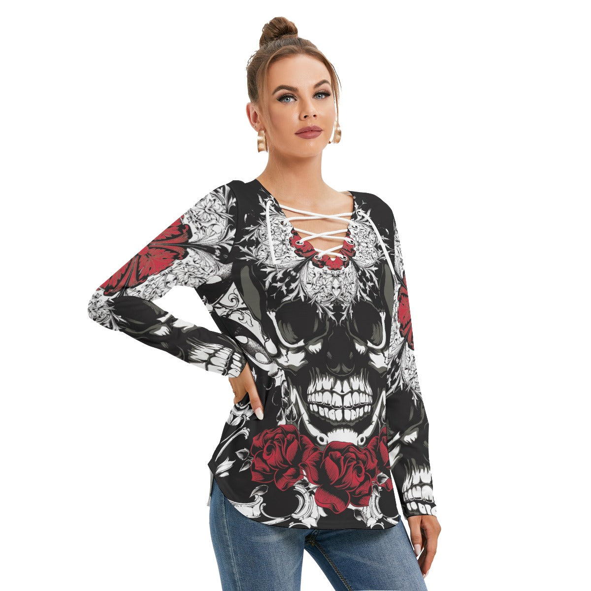 Floral gothic skull Halloween skeleton shirt Women's Long Sleeve Neckline Tie Sweatshirt