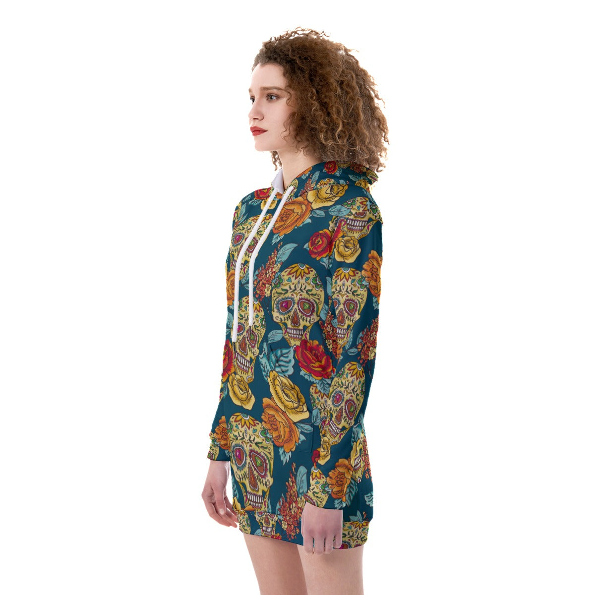 Sugar skull pattern All-Over Print Women's Heavy Fleece Long Hoodie