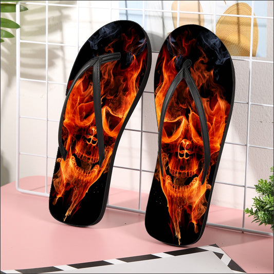 Fire skull Women's Flip Flops, Flaming gothic Halloween skull women's sandals flip flop