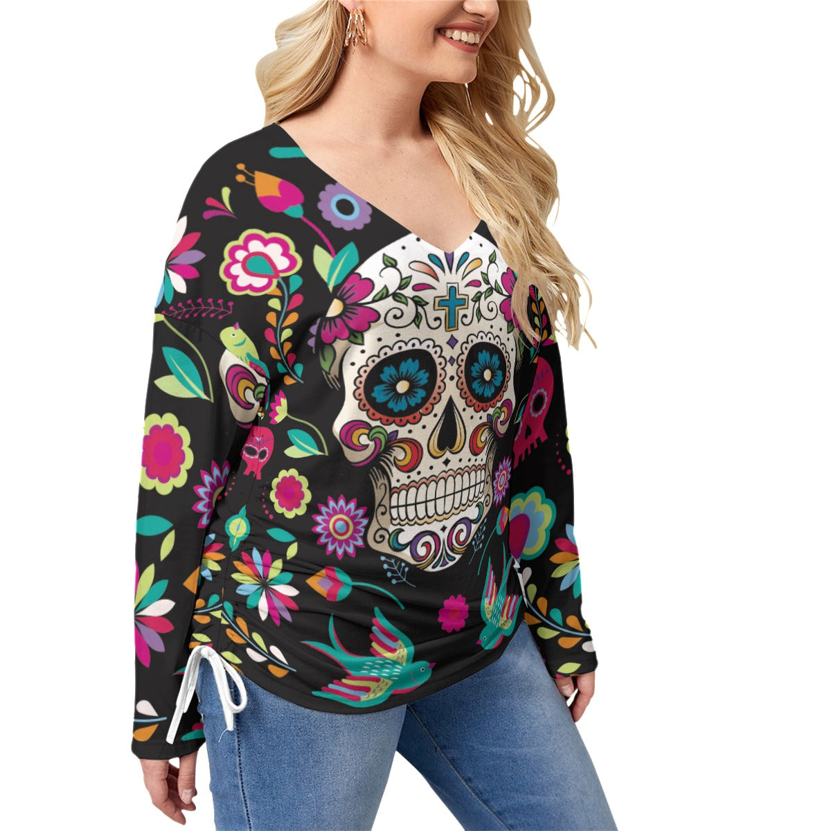 Sugar skull Mexican calaveras Women’s V-neck T-shirt With Side Drawstring(Plus Size)