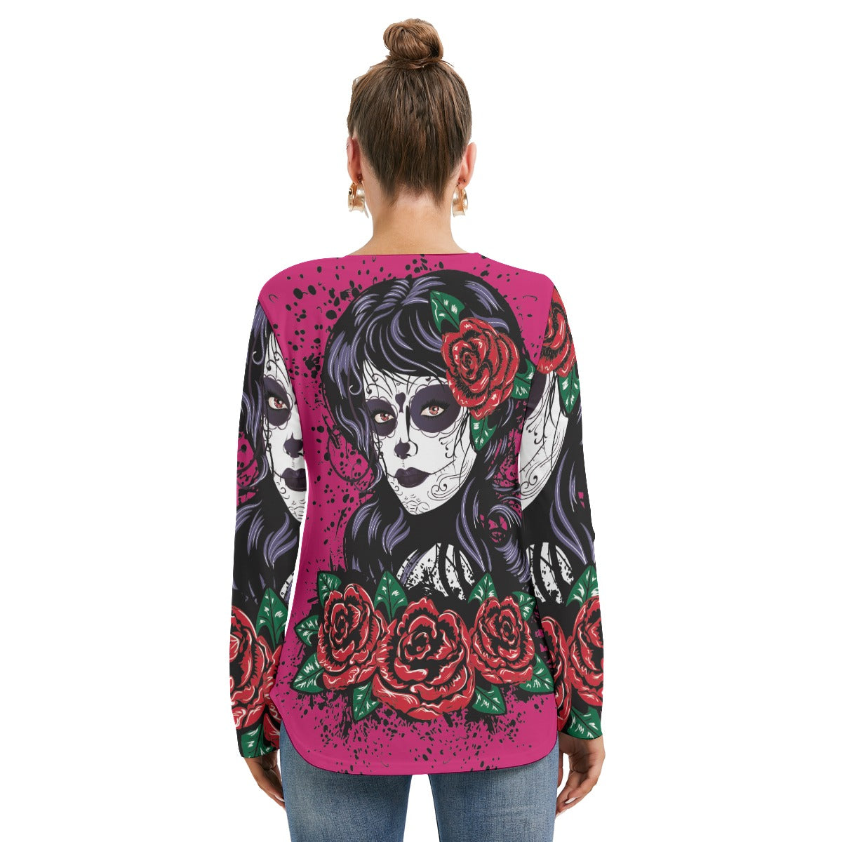 Sugar skull girl Women's Long Sleeve Neckline Tie Sweatshirt