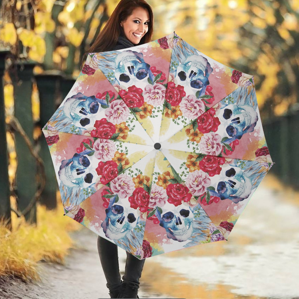 Rose floral skull Umbrella, Halloween skeleton Gothic umbrella