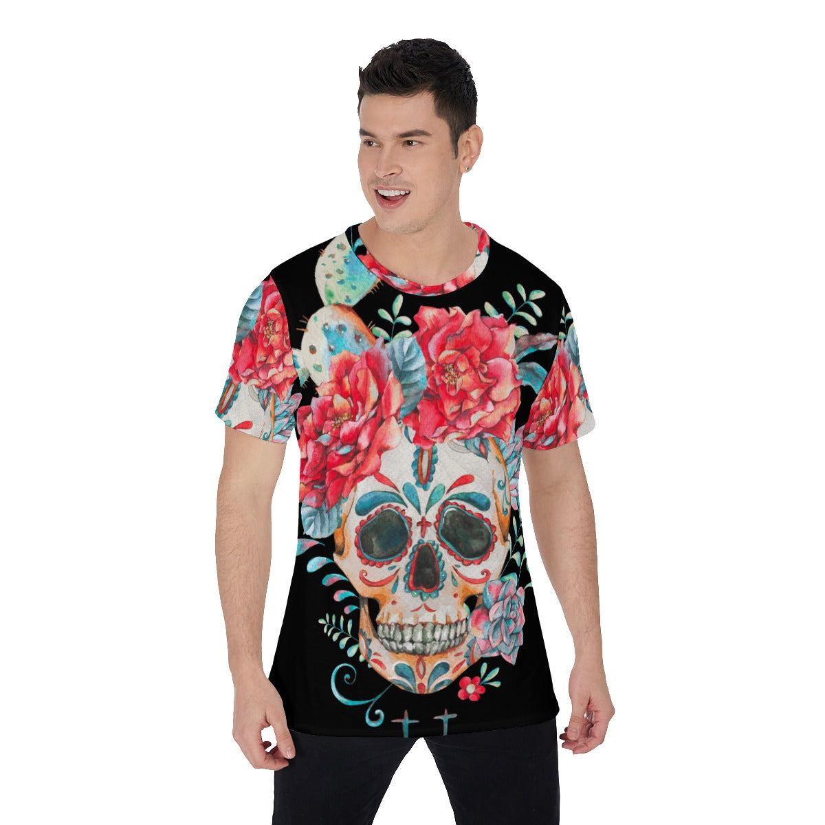 Floral sugar skull Men's O-Neck T-Shirt, Gothic skull skeleton tshirt