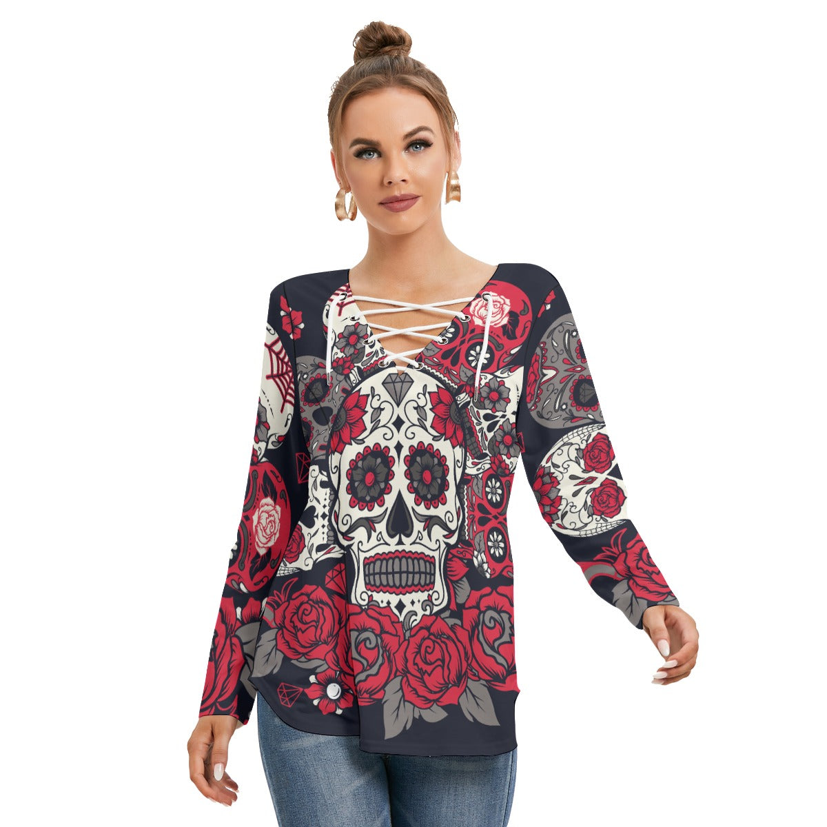 Dia de los muertos candy skull floral Women's Long Sleeve Neckline Tie Sweatshirt