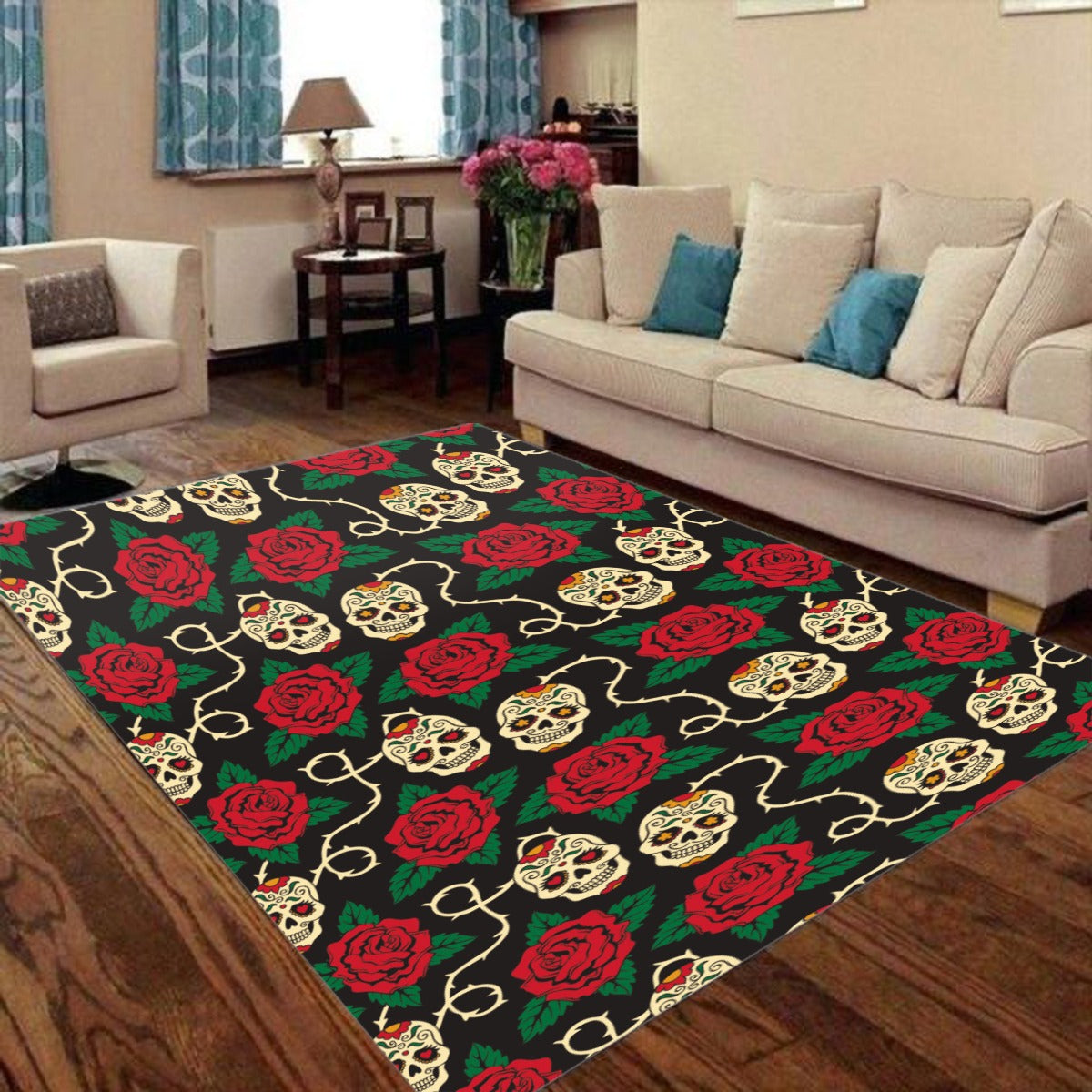 Floral sugar skull pattern day of the dead Foldable Rectangular Floor Mat