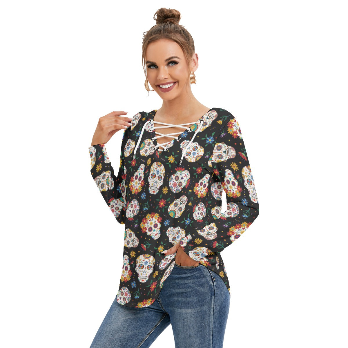 Day of the dead skull Women's Long Sleeve Neckline Tie Sweatshirt