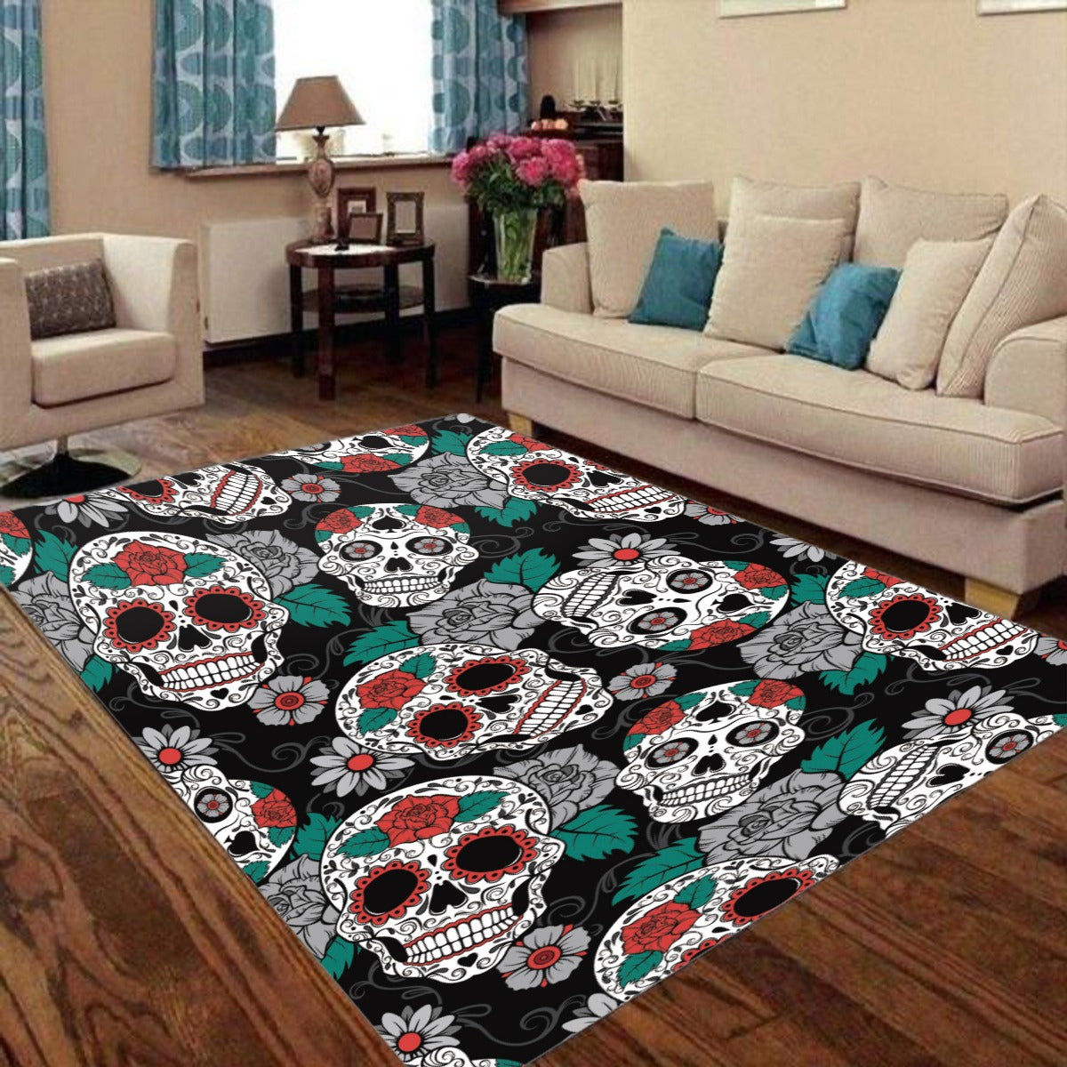Floral sugar skull pattern Foldable Rectangular Floor Mat