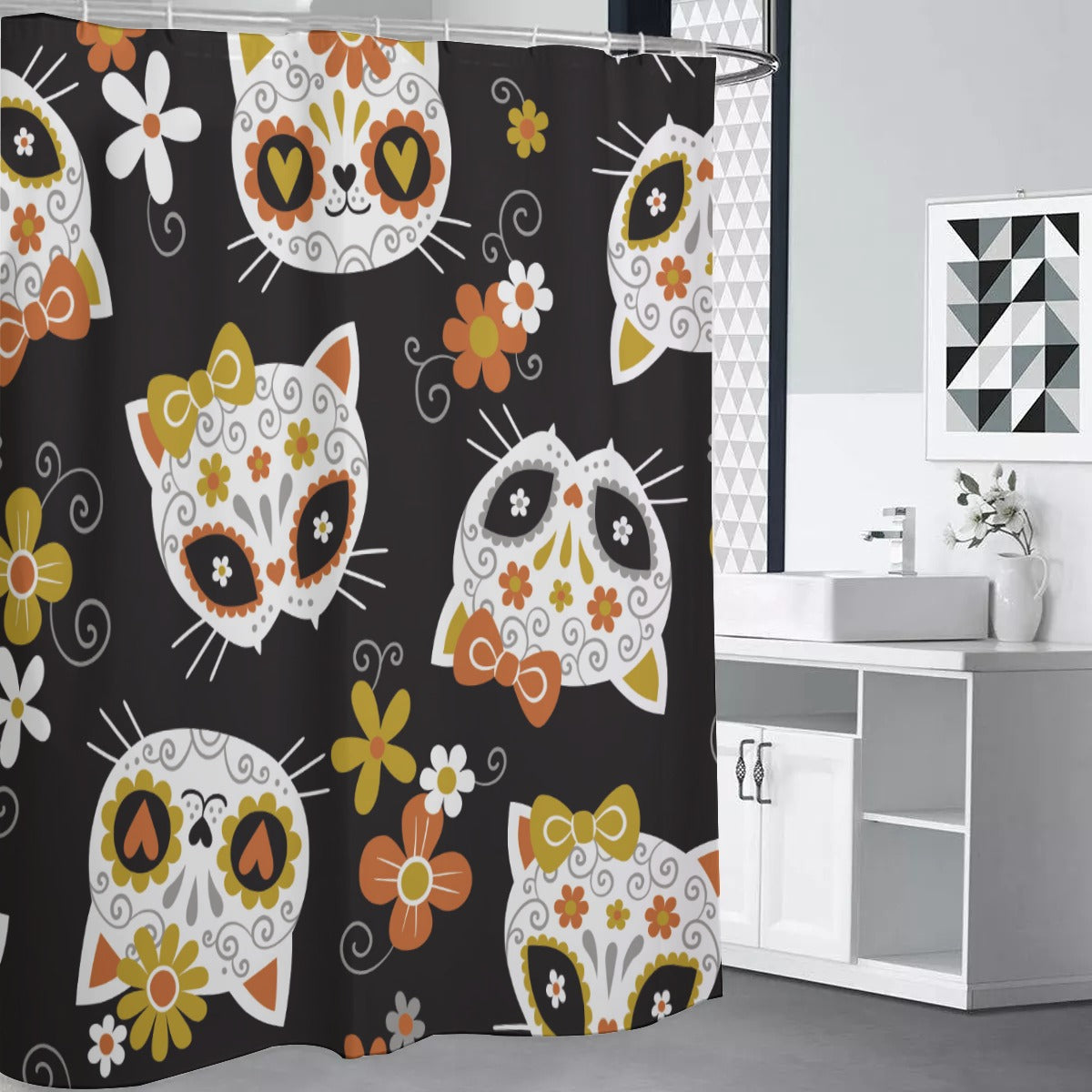 Sugar skull cat Shower Curtains 150(gsm)