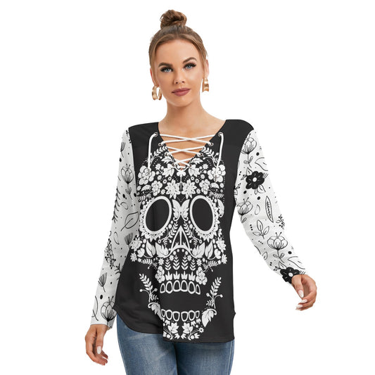 Sugar skull floral pattern Women's Long Sleeve Neckline Tie Sweatshirt