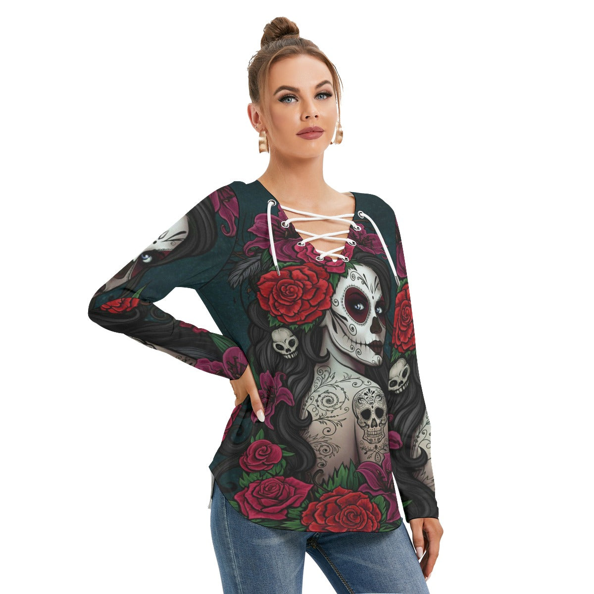 Day of the dead girl Women's Long Sleeve Neckline Tie Sweatshirt