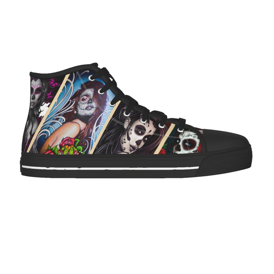 Sugar skull beautiful gilrs Women's Black Sole Canvas Shoes