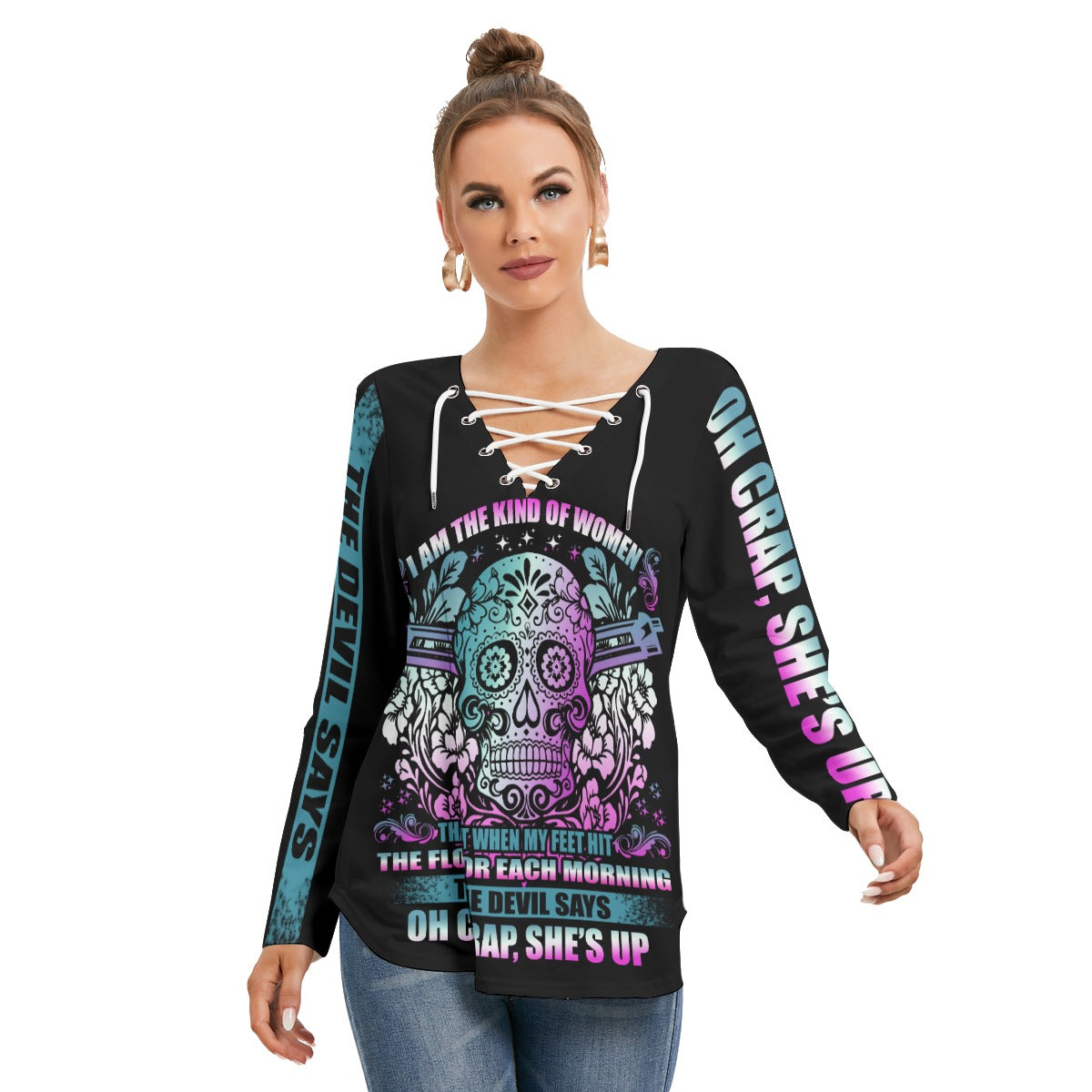 Sugar skull Women's Long Sleeve Neckline Tie Sweatshirt