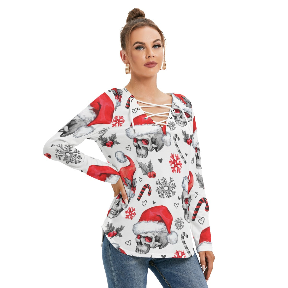 Skull santa claus Women's Long Sleeve Neckline Tie Sweatshirt