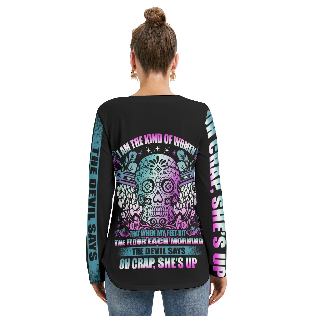 Sugar skull Women's Long Sleeve Neckline Tie Sweatshirt