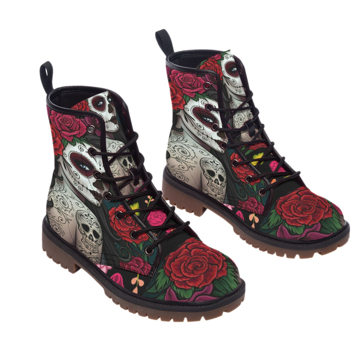 Sugar skull floral girl Women's Martin Short Boots, Day of the dead women's boots