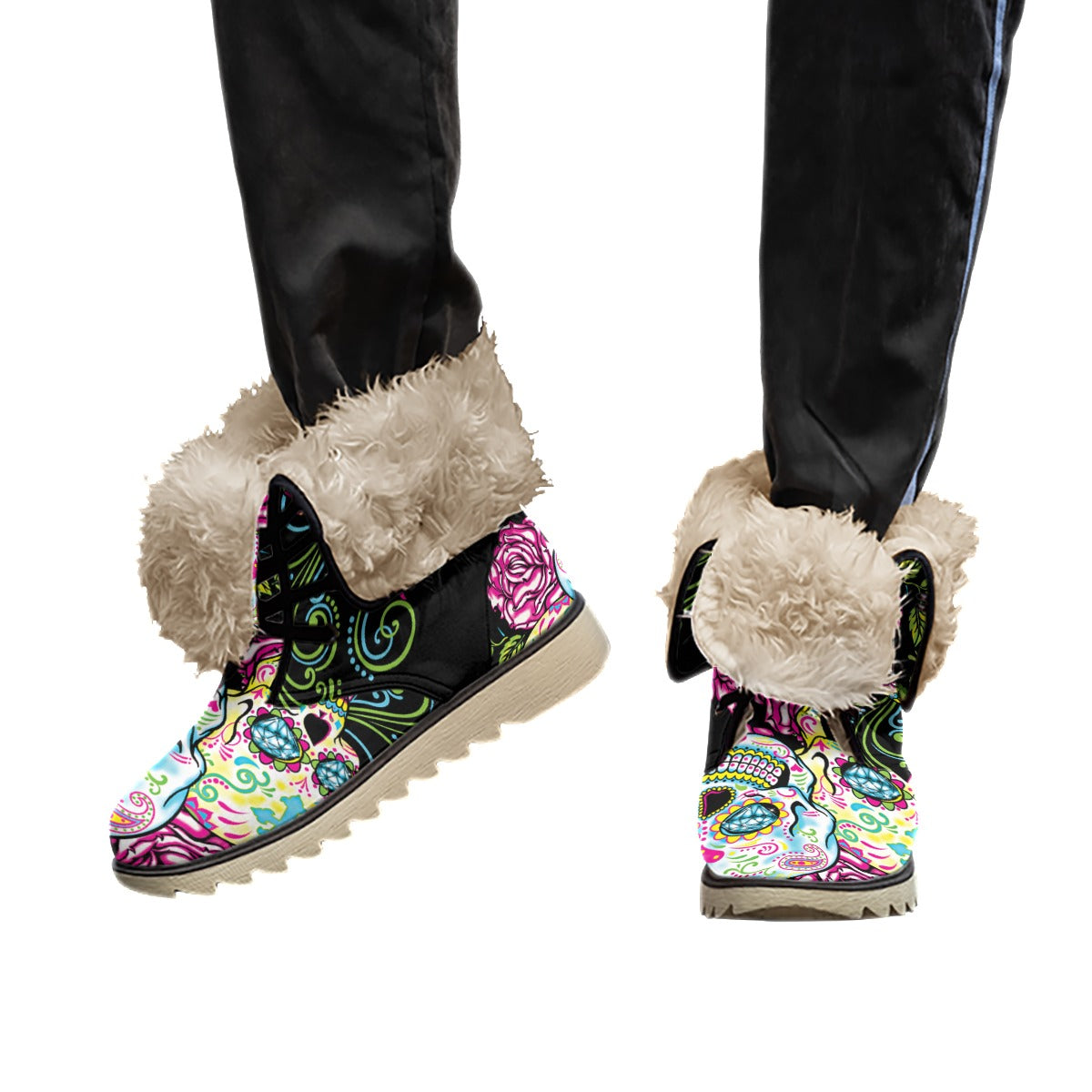 Sugar skull Day of the dead Women's Plush Boots, Floral skull boots