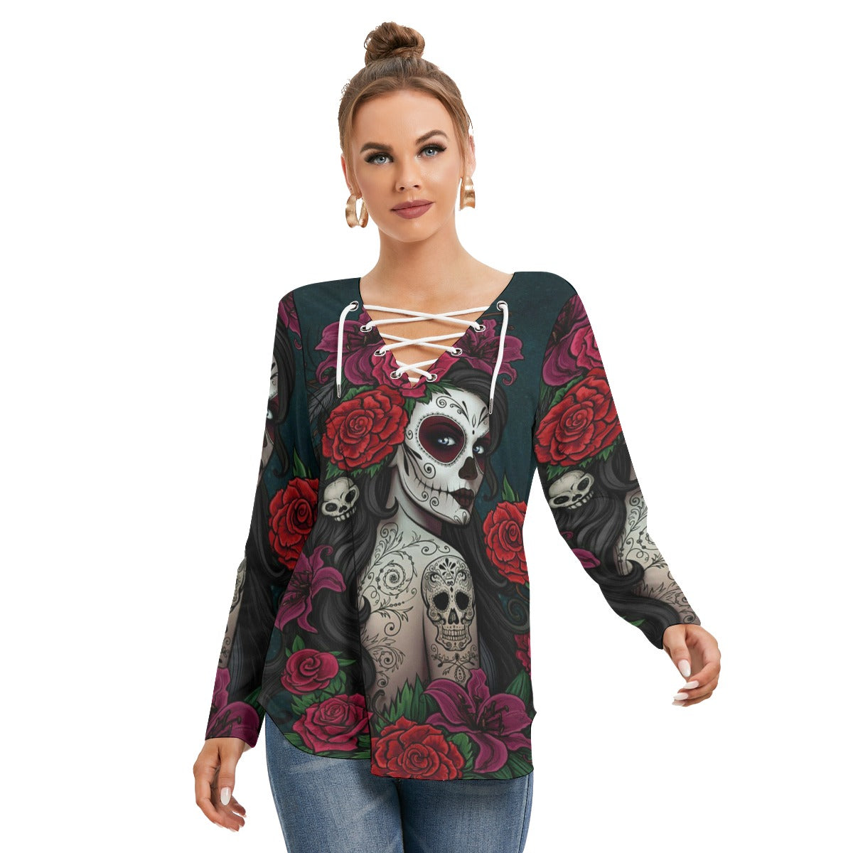 Day of the dead girl Women's Long Sleeve Neckline Tie Sweatshirt