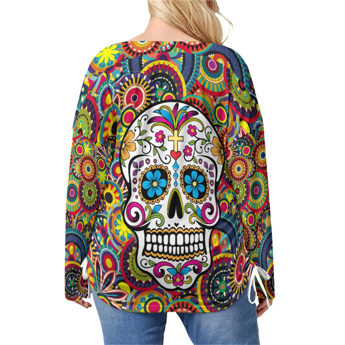 Sugar skull  Women’s V-neck T-shirt With Side Drawstring